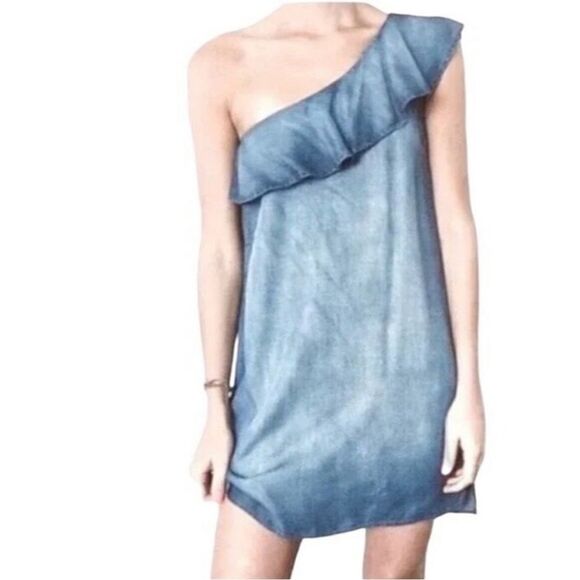 Anthropologie Cloth & Stone Chambray Denim Ruffle One Shoulder Mini Dress. Small - Picture 1 of 16